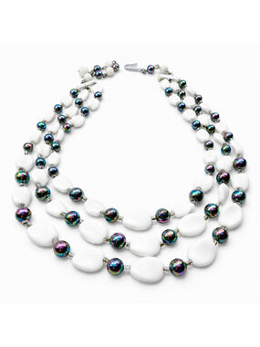 Vintage Milk Glass Necklace, Peacock Carnival Glass Beaded Collar, Triple Strand